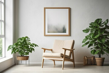 Enter a Scandinavian sanctuary where a wooden chair, a vibrant plant, and an empty frame invite your imagination and thoughts.