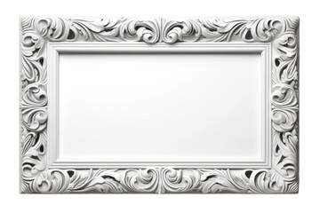 White Ornate Frame. A white ornate frame stands out against a white background, displaying intricate details and elegance. The frame exudes sophistication and adds a touch of luxury to any setting.