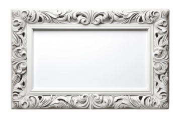 White Ornate Frame. A white ornate frame stands out against a white background, displaying intricate details and elegance. The frame exudes sophistication and adds a touch of luxury to any setting.