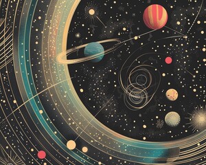 Educational posters on physics theories using typography to draw parallels between cosmic and familial relationships