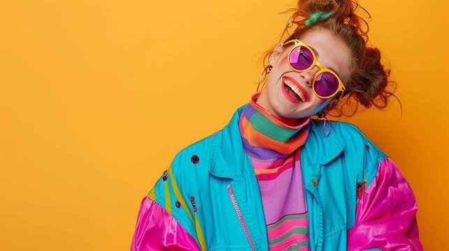 Naklejki Surrealistic depiction of a young happy woman laughing in vibrant 80s fashion against a solid colored background