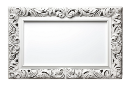 White Ornate Frame. A white ornate frame stands out against a white background, displaying intricate details and elegance. The frame exudes sophistication and adds a touch of luxury to any setting.