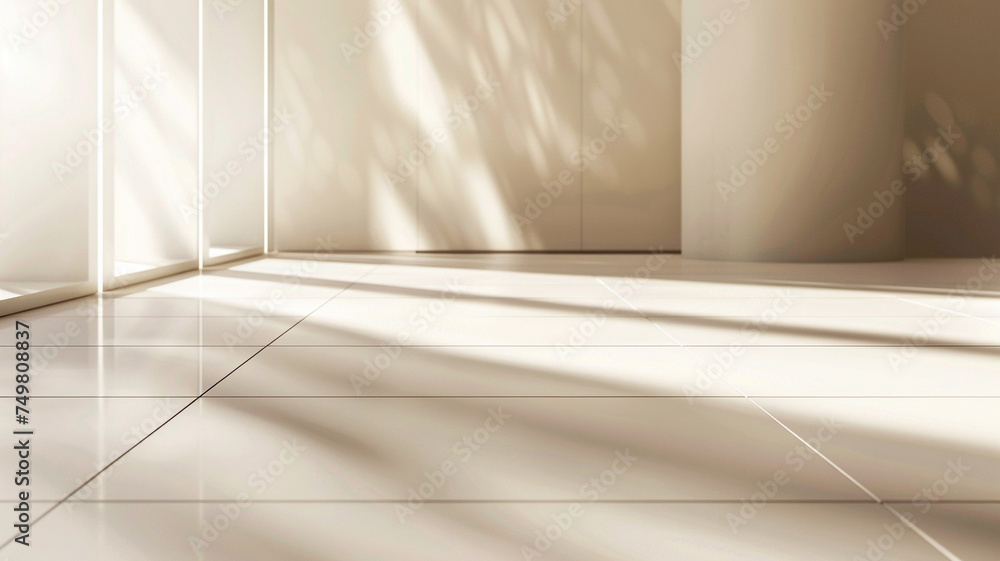 Poster a close-up shot of a minimalist floor design with large format porcelain tiles in a neutral beige hu