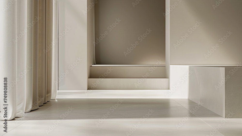 Poster a close-up shot of a minimalist floor design with large format porcelain tiles in a neutral beige hu