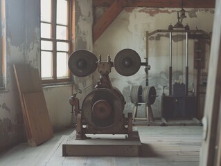 Health vlogs featuring repurposed industrial machinery in workout routines promoting wellness with a vintage aesthetic