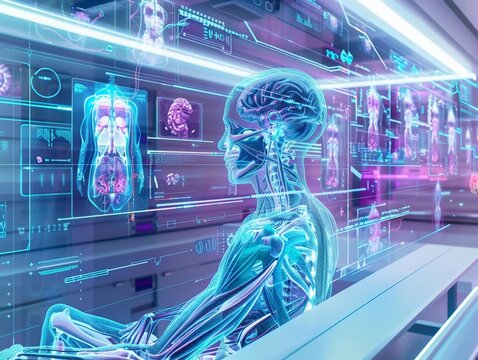 Futuristic medical procedure for enhancing creativity visualized through cryptic art holograms