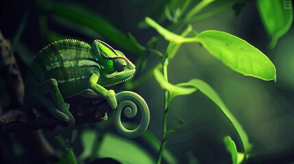 green chameleon hanging on a tree hd wallpaper - obrazy, fototapety, plakaty