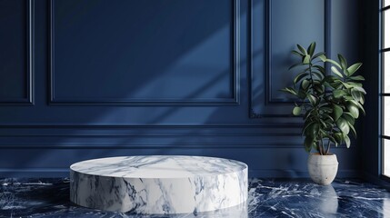 A classic white marble podium before a navy blue backdrop evoking a sense of reliability and trust