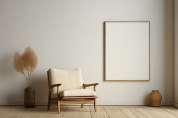 A serene beige interior featuring a solitary chair, wooden accents, and a blank frame ready for...