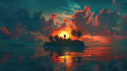 sunset of island of kiss - obrazy, fototapety, plakaty