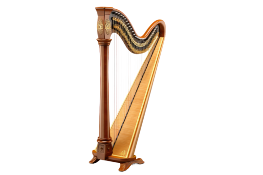Large Wooden Harp With Long Handle. A large wooden harp with a long handle is shown in the picture. The instrument features intricate carvings and strings, creating a visually striking display.