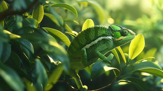 green chameleon hanging on a tree hd wallpaper