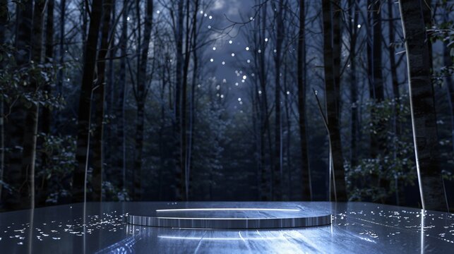 A metallic silver podium in a forest under the starry night sky reflecting the moonlight and adding a touch of magic to the scene