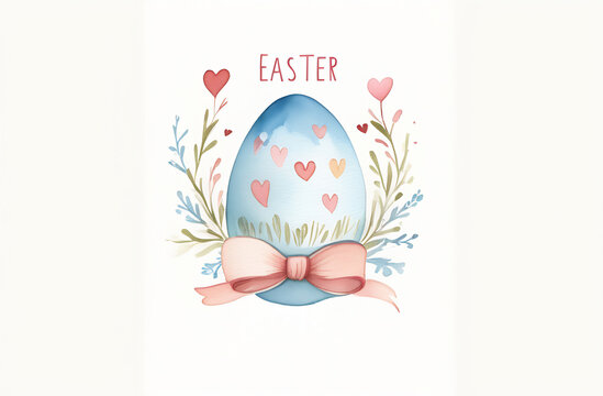 One Easter egg tied with a pink bow in watercolor painting technique, isolated on a white background, pastel color scheme