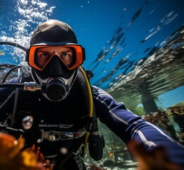 Vibrant underwater world with colorful coral reefs and diverse sea creatures explored by scuba diver