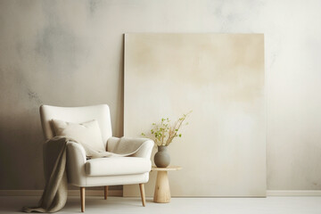 A cozy beige armchair sits beside a blank canvas, waiting for your inspiration.