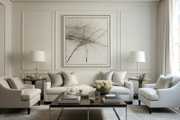 Fototapeta na wymiar A drawing room with a neutral color palette of beige and white, adorned with contemporary artwork and sleek furnishings. Soft textiles and natural light create a serene and inviting space.