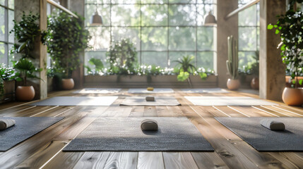 Yoga Studio Interior: Healthy Lifestyle and Relaxation with Empty Exercise Mat