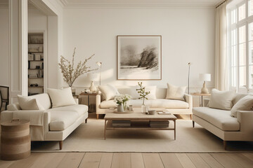 An elegant beige living room with Scandinavian influences, adorned with clean aesthetics, understated decor, and a sense of tranquility.