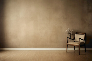 A solitary chair in a beige-toned room, its empty frame ready for your imagination. - obrazy, fototapety, plakaty