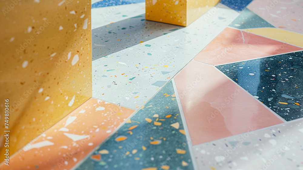 Poster a close-up shot of a modern floor design with large format terrazzo tiles in a playful pastel palett