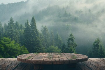 A rustic wooden podium set against a misty pine forest backdrop blending seamlessly with the tranquil green and earthy tones - obrazy, fototapety, plakaty