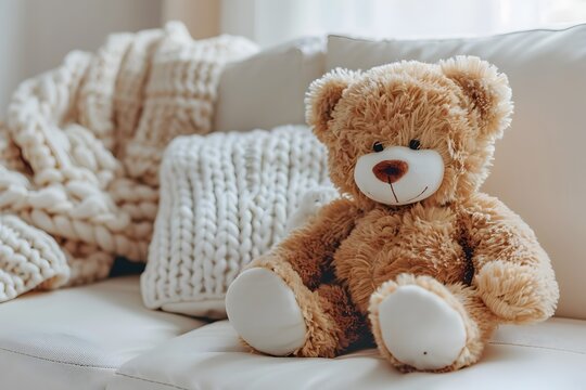A Cozy Teddy Bear Relaxing on a Couch in UHD