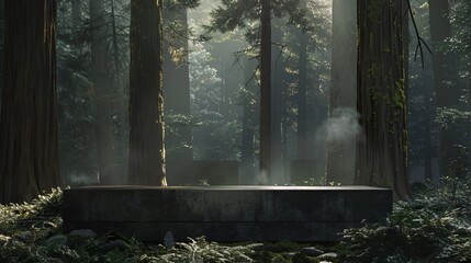 A sleek black podium in the heart of a dense forest at twilight with the fading light casting soft shadows and creating a mysterious atmosphere