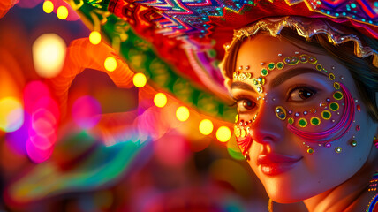 A woman adorned with colorful festival makeup and a decorative sombrero, illuminated by the warm glow of festive lights.