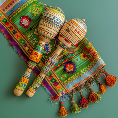 A pair of beautifully crafted wooden maracas on a vibrant, intricately woven Mexican textile with detailed fringe.