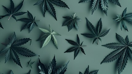 A serene collection of cannabis leaves laid out neatly on a muted background. ideal for botanical and wellness themes. contemporary, minimalist style. AI