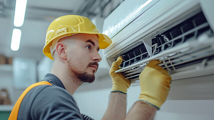Portrait of technician is repairing air conditioner at home. Young man wearing helmet and vest doing air condition maintenance service. Picture for HVAC concept. Generative AI