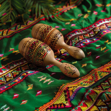 Handmade Wooden Maracas on Colorful Mexican Textile: Folk Music Heritage