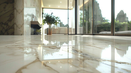 Fototapeta premium A detailed UHD capture of a contemporary floor design with porcelain tiles in a marble-effect finish, featuring oversized slabs and dramatic veining for a luxurious and sophisticated look.