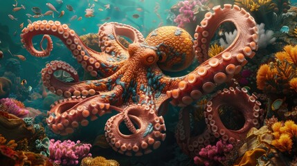 Fototapeta premium In the midst of a bustling coral reef filled with a myriad of marine creatures, a majestic giant octopus unfurls its impressive tentacles, commanding attention with its presence.