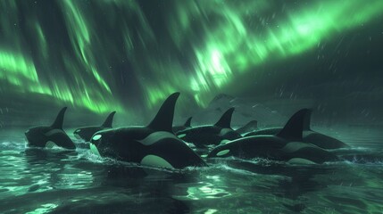 Beneath the mesmerizing green hues of the Northern Lights, a pod of orcas glides peacefully through the Arctic waters, their sleek forms illuminated by the ethereal glow.