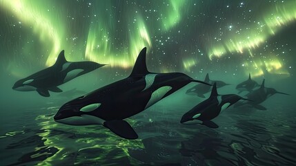 In the ethereal glow of the Northern Lights, a tranquil scene unfolds as a pod of orcas peacefully traverses the Arctic waters, their journey illuminated by the mesmerizing green hues above.