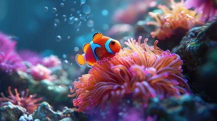 Within the confines of a marine aquarium, a lone clownfish, adorned with vibrant orange and white stripes, gracefully maneuvers through the swaying purple tentacles of a sea anemone.