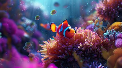 Within the vibrant marine ecosystem of an aquarium, a lone clownfish, distinguished by its vibrant orange and white bands, elegantly traverses the waving purple tentacles of a sea anemone.