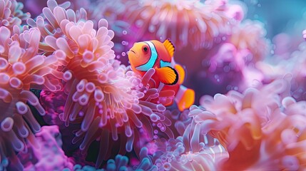 Naklejka na ściany i meble Amongst the carefully arranged marine features of an aquarium, a single clownfish stands out with its vivid orange and white stripes, gracefully interacting with the purple tentacles of a sea anemone.