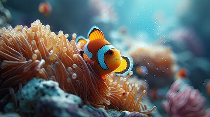 In the serene ambiance of a marine aquarium, a solitary clownfish showcases its vibrant orange and white stripes as it skillfully navigates through the enchanting purple tentacles of a sea anemone.