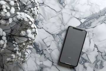 Black Iphone on Marble Table with White Flowers - Powered by Adobe