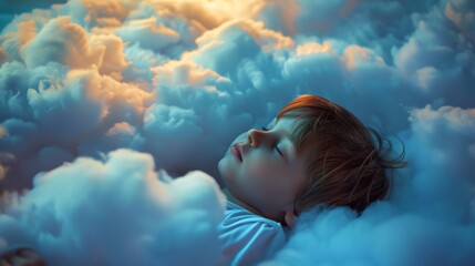 Ethereal clouds embrace a sleeping kid serene and dreamy