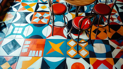 A detailed UHD capture of a contemporary floor design with encaustic cement tiles in a bold graphic...
