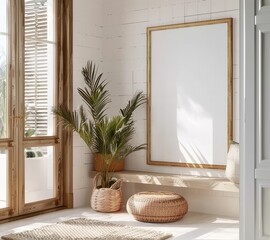 Mockup Frame in a farmhouse hallway interior with Scandinavian style. Presented in 3D Render. Made with Generative AI Technology