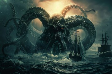 Powerful mythical kraken rising from the deep menacing ships - obrazy, fototapety, plakaty