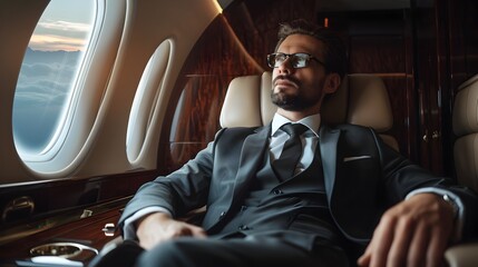 Businessman in Suit Sitting in Private Jet in Style of Exquisite Craftsmanship - obrazy, fototapety, plakaty