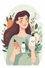 skincare cosmetics bottles. natural eco cosmetic product. Eco friendly cosmetics cartoon ads posters. Women in beauty store choose makeup or skincare production,