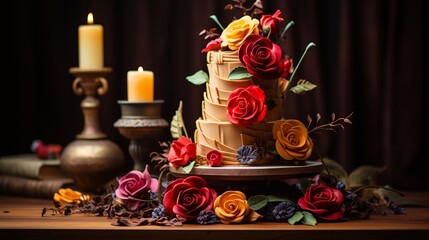 illustration of a children's birthday cake with the theme of the beauty and the beast cartoon series