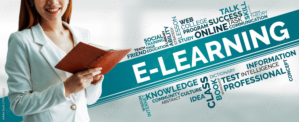 Aufkleber e-learning and online education for student and university concept. graphic interface showing techno